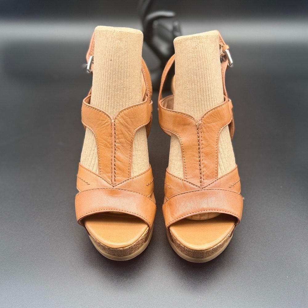 Biala Wedge Sandals Womens Tan Leather Woven Platform T-Strap Buckle Heel